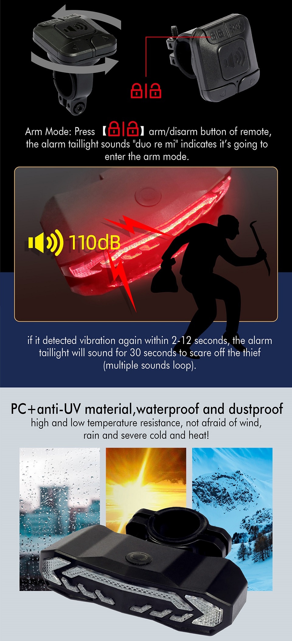 Bike Alarm Taillight USB Rechargeable LED Waterproof Theft Protection with Automatic Induction