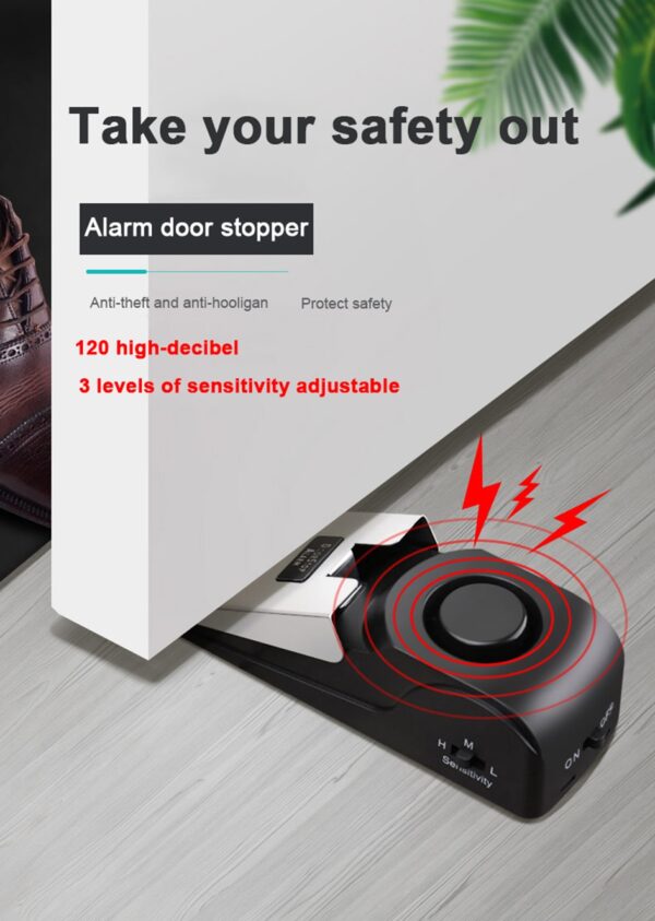 Alarm Vibration Sensor Door Stopper Portable 120dB Security Wedge with Adjustable Sensitivity for Home, Dormitory, and Traveling