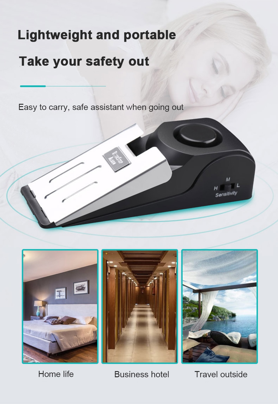 Alarm Vibration Sensor Door Stopper Portable 120dB Security Wedge with Adjustable Sensitivity for Home, Dormitory, and Traveling