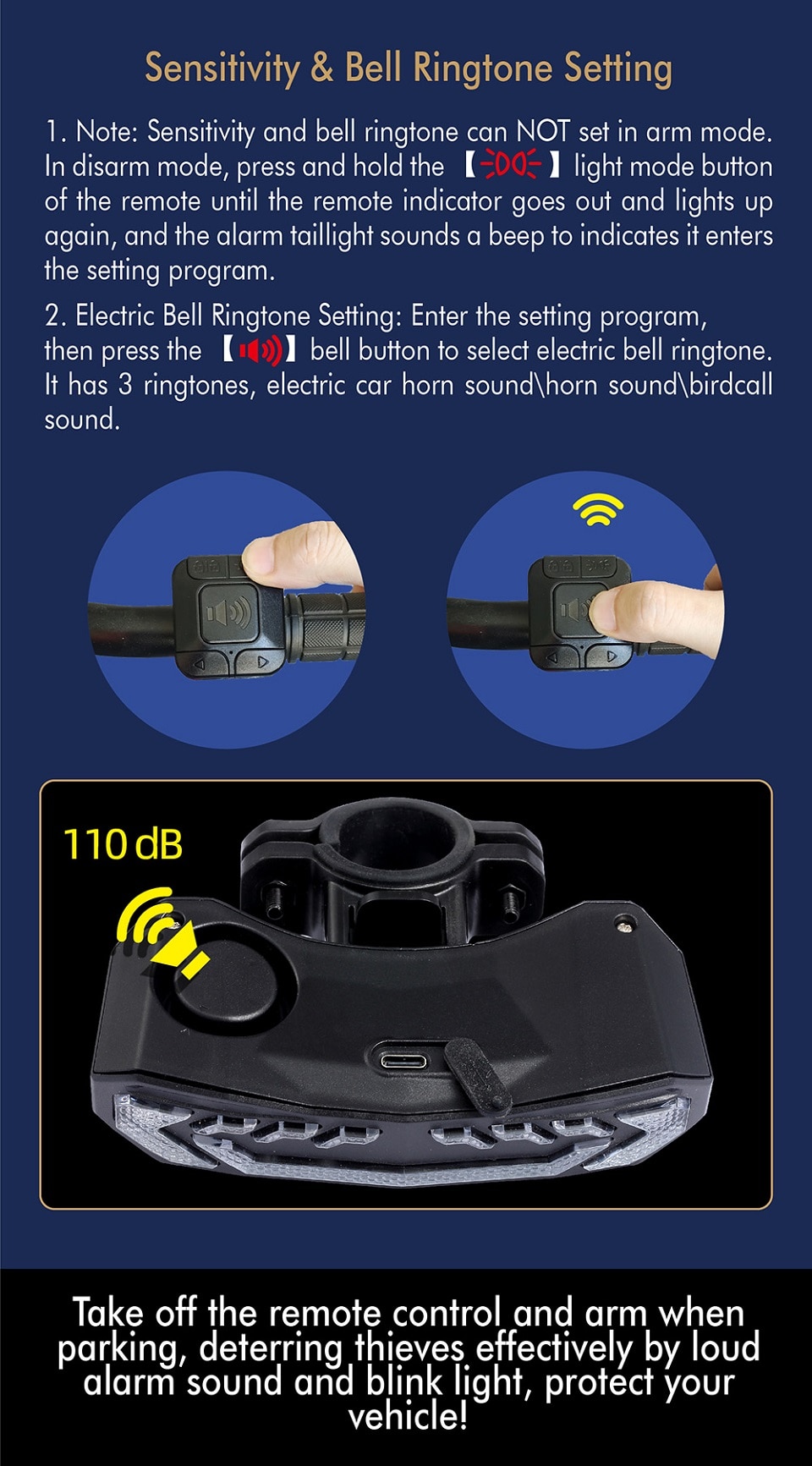 Bike Alarm Taillight USB Rechargeable LED Waterproof Theft Protection with Automatic Induction