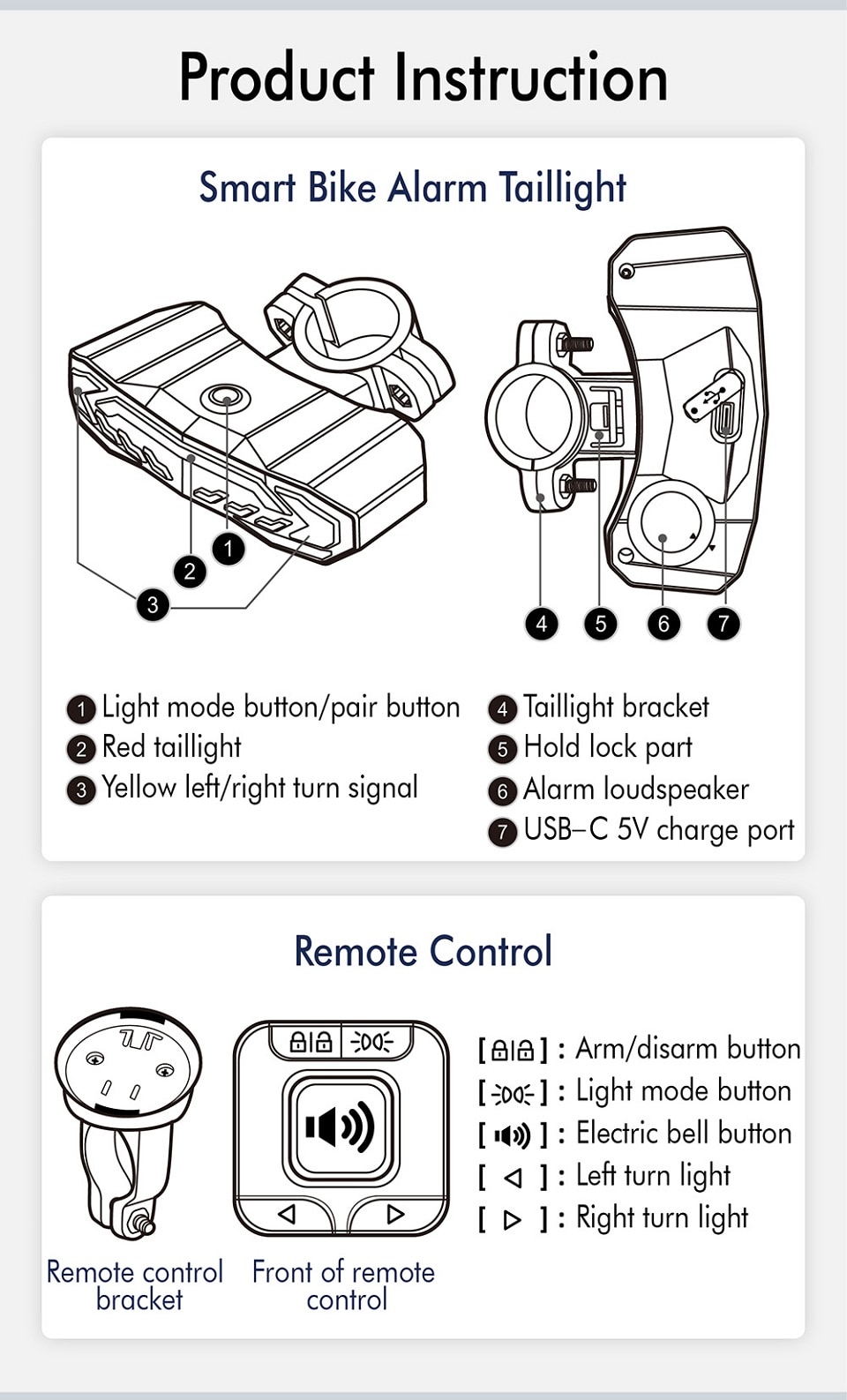 Bike Alarm Taillight USB Rechargeable LED Waterproof Theft Protection with Automatic Induction