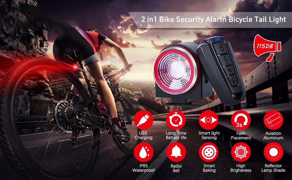 Bike Alarm A8Pro Wireless Remote Control Rear Brake Sensing Light with USB Charging and Horn Function