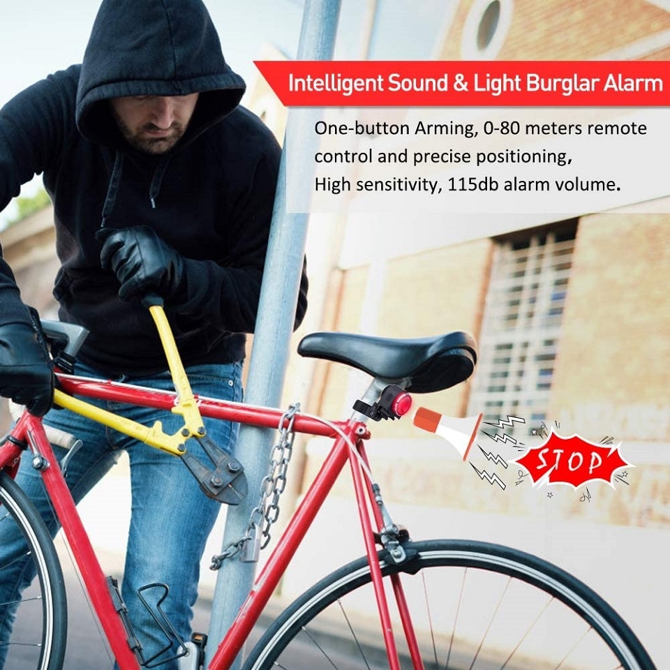 Bike Alarm A8Pro Wireless Remote Control Rear Brake Sensing Light with USB Charging and Horn Function