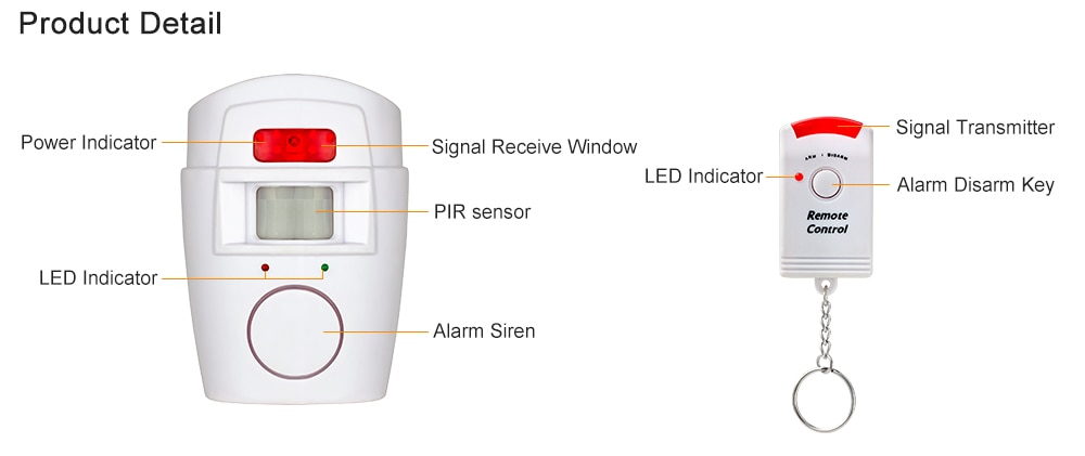 Infrared PIR Alarm System with Alarm Vibration Sensor 2 Wireless Home Security Remote Controls, Motion Detector, and 105dB Siren