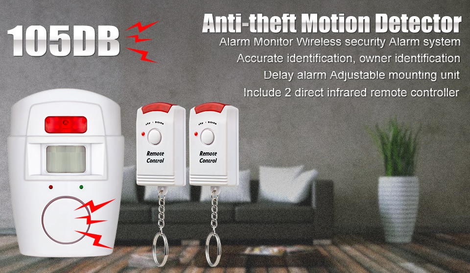 Infrared PIR Alarm System with Alarm Vibration Sensor 2 Wireless Home Security Remote Controls, Motion Detector, and 105dB Siren