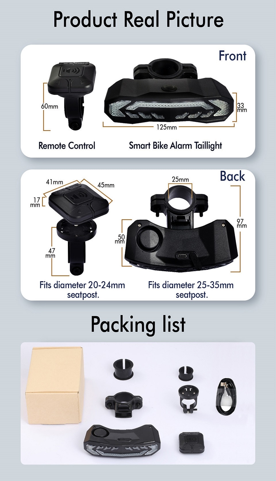 Bike Alarm Taillight USB Rechargeable LED Waterproof Theft Protection with Automatic Induction