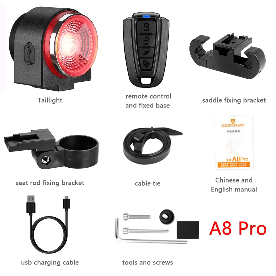 Bike Alarm A8Pro Wireless Remote Control Rear Brake Sensing Light with USB Charging and Horn Function