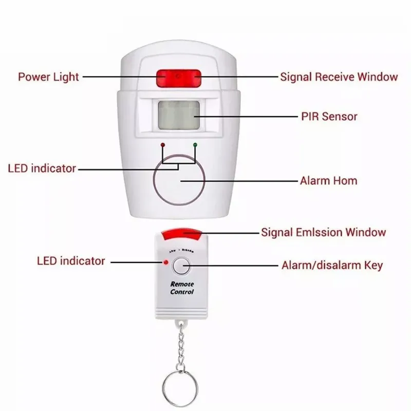 Infrared PIR Alarm System with Alarm Vibration Sensor 2 Wireless Home Security Remote Controls, Motion Detector, and 105dB Siren