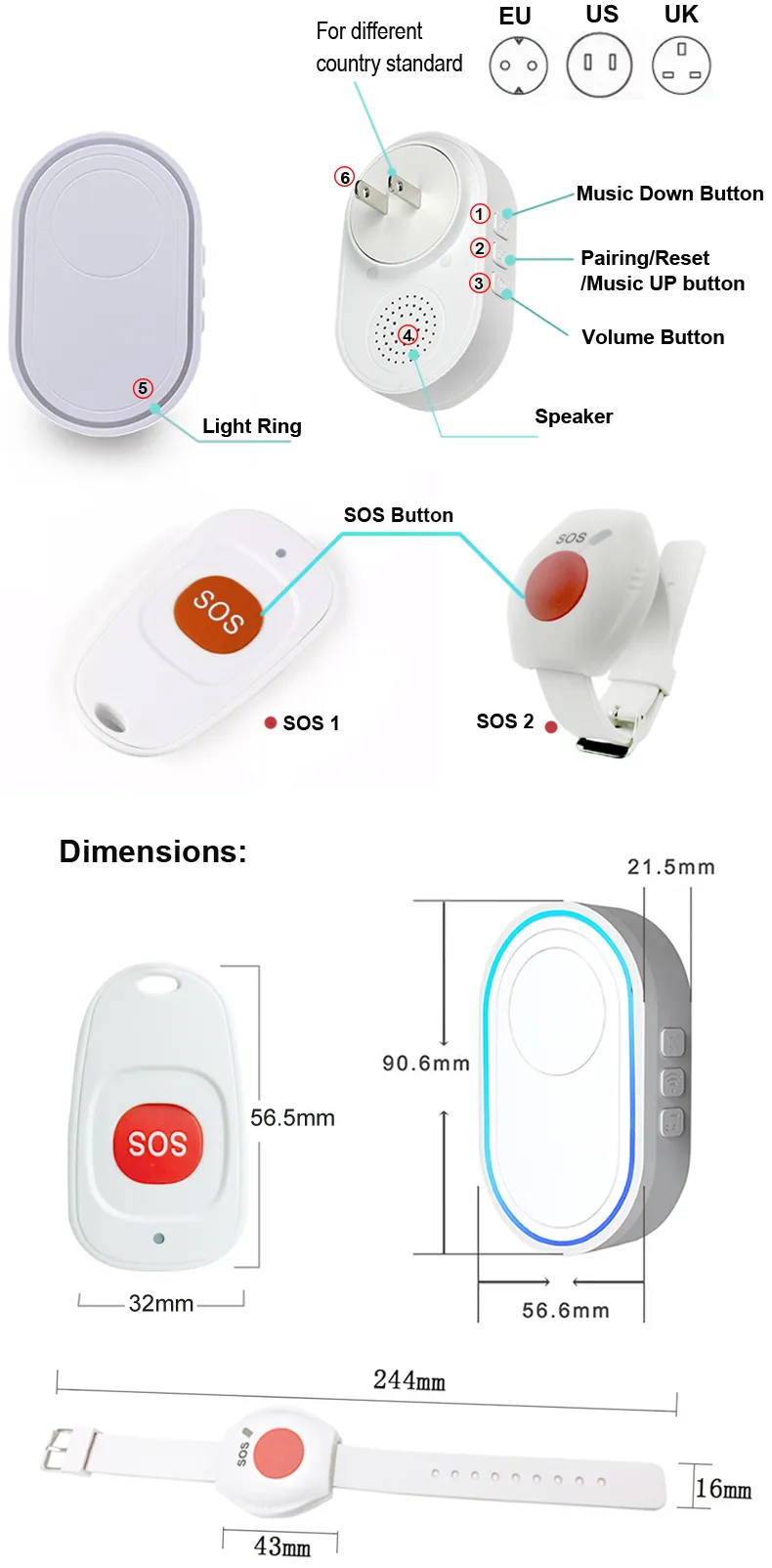 Wireless Elderly Panic Alarm with SOS Button, Caregiver Pager, and 433MHz Watch Call for Senior Care Nurse Alert System