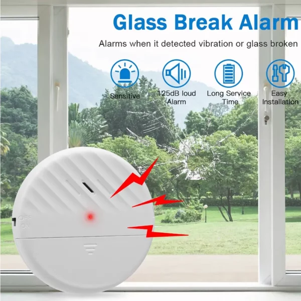 Glass Break Alarm 125dB Vibration Detector for Door and Window Security, Anti-Theft Warning