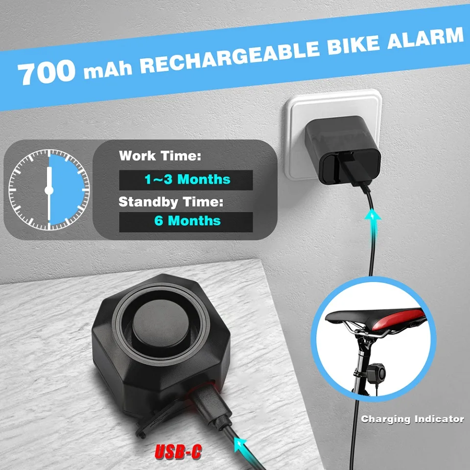 Wireless Vibration Alarm with USB Charging, Remote Control, and Burglar Detection for Motorcycles and Bicycles